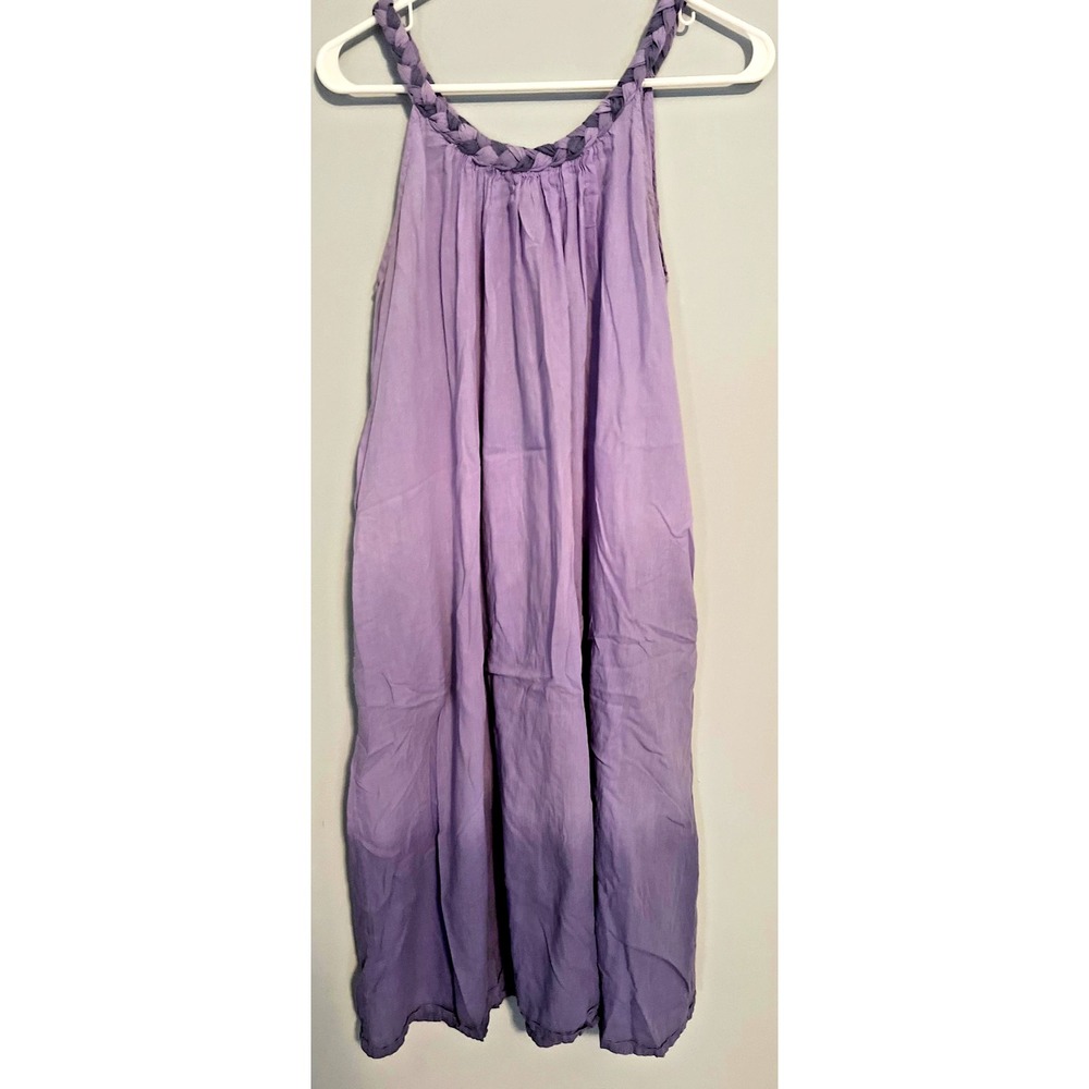 La Cera Dress Womens Large Purple Ombre Braided Strap Boho Maxi Cotton Pockets
